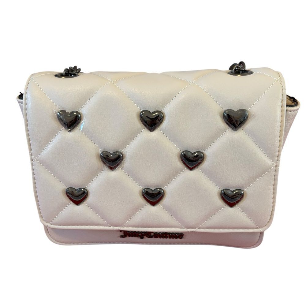 Juicy Couture Off White Quilted Crossbody w/Gun Metal Hearts & Shoulder Strap.